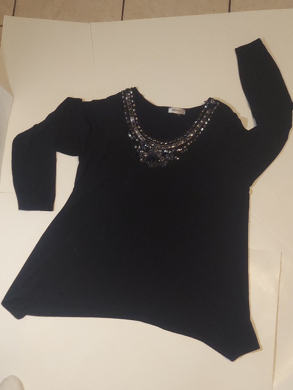 Dressbarn Black Jeweled Scoop-Neck Long Sleeve Top